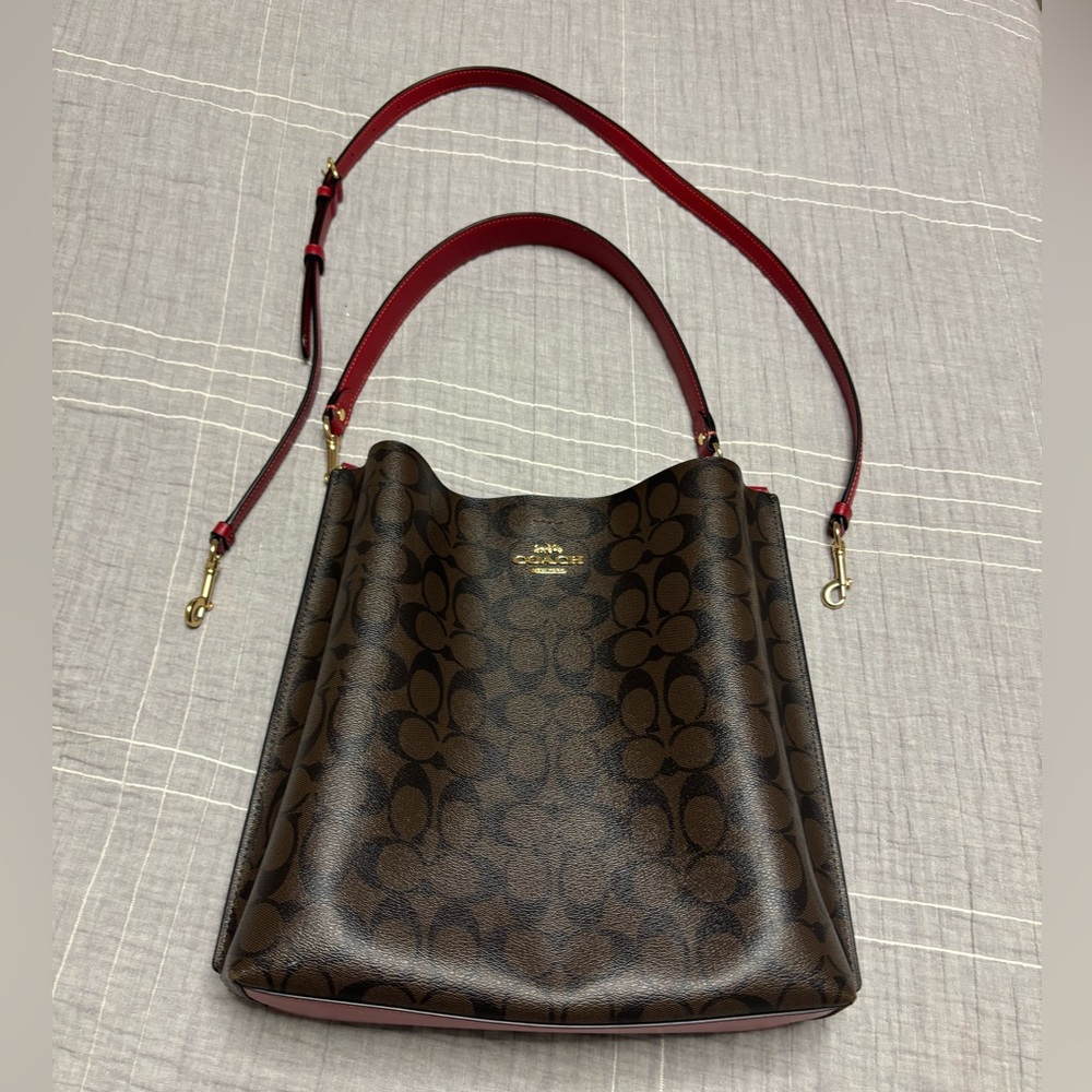 Coach Brown Bucket Shoulder Bag with Red Straps